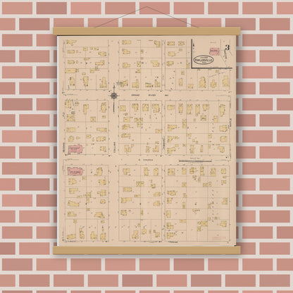 Old map wall art mockup — magnetic wood frame on brick wall — Sanborn Fire Insurance Map from Fowlerville, Livingston County, Michigan (1922), Sheet #0003