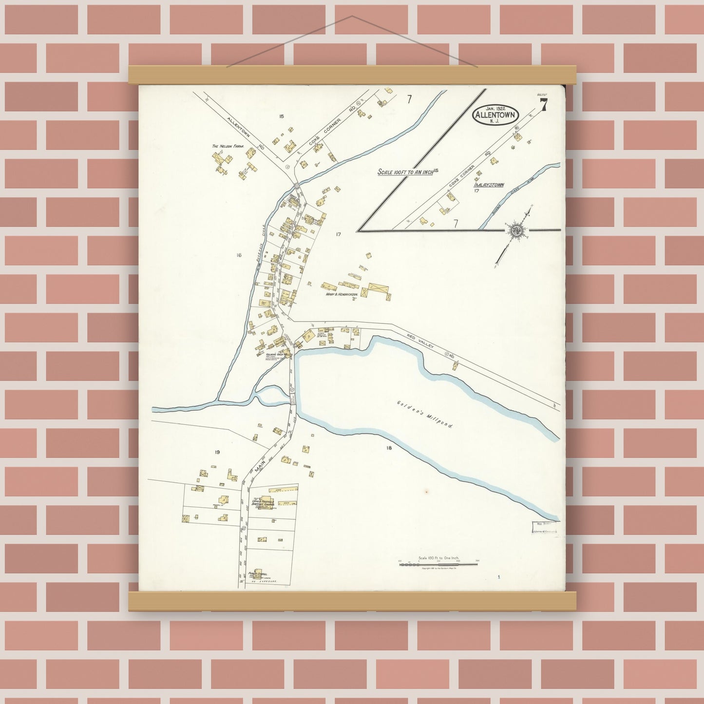 Old map wall art mockup — magnetic wood frame on brick wall — Sanborn Fire Insurance Map from Allentown, Monmouth County, New Jersey (1922), Sheet #0007