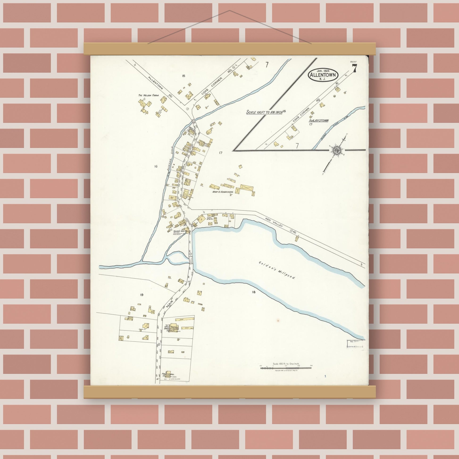 Old map wall art mockup — magnetic wood frame on brick wall — Sanborn Fire Insurance Map from Allentown, Monmouth County, New Jersey (1922), Sheet #0007