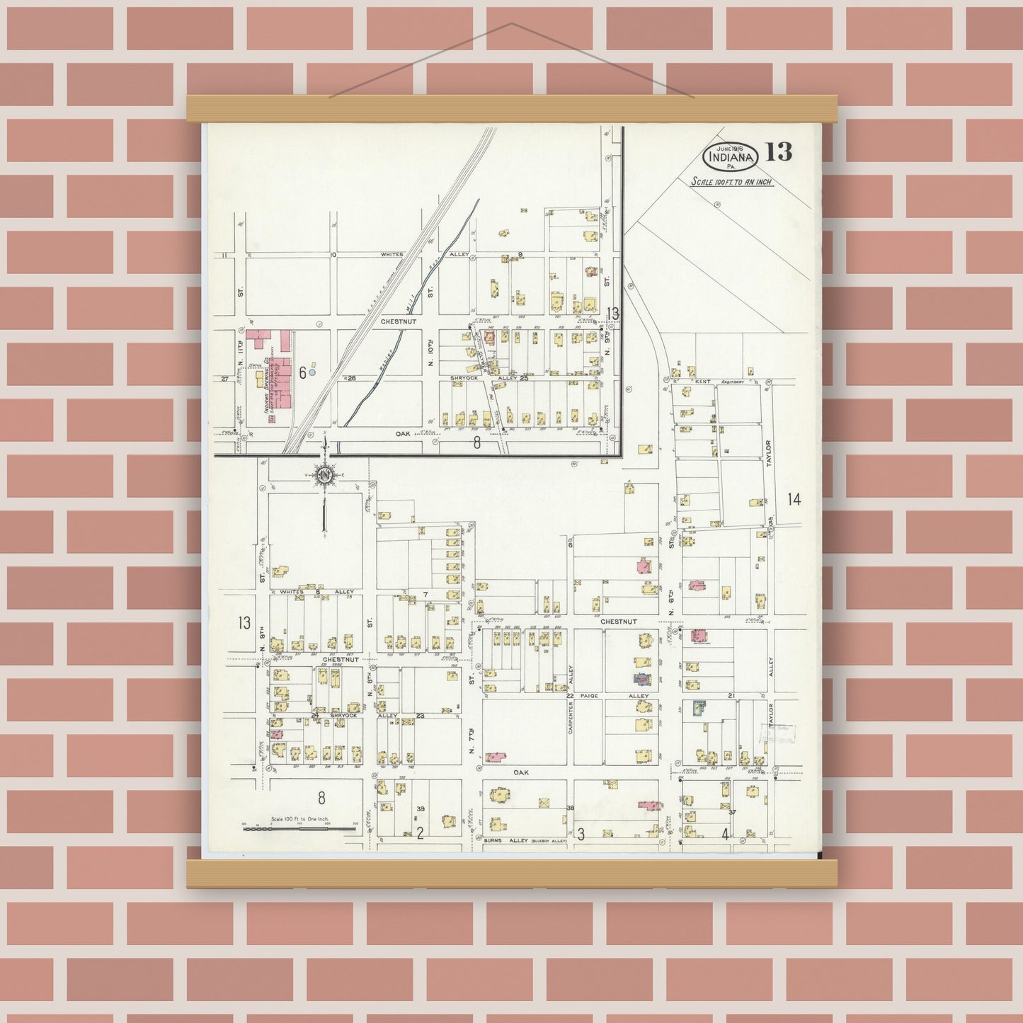 Old map wall art mockup — magnetic wood frame on brick wall — Sanborn Fire Insurance Map from Indiana, Indiana County, Pennsylvania (1916), Sheet #0013