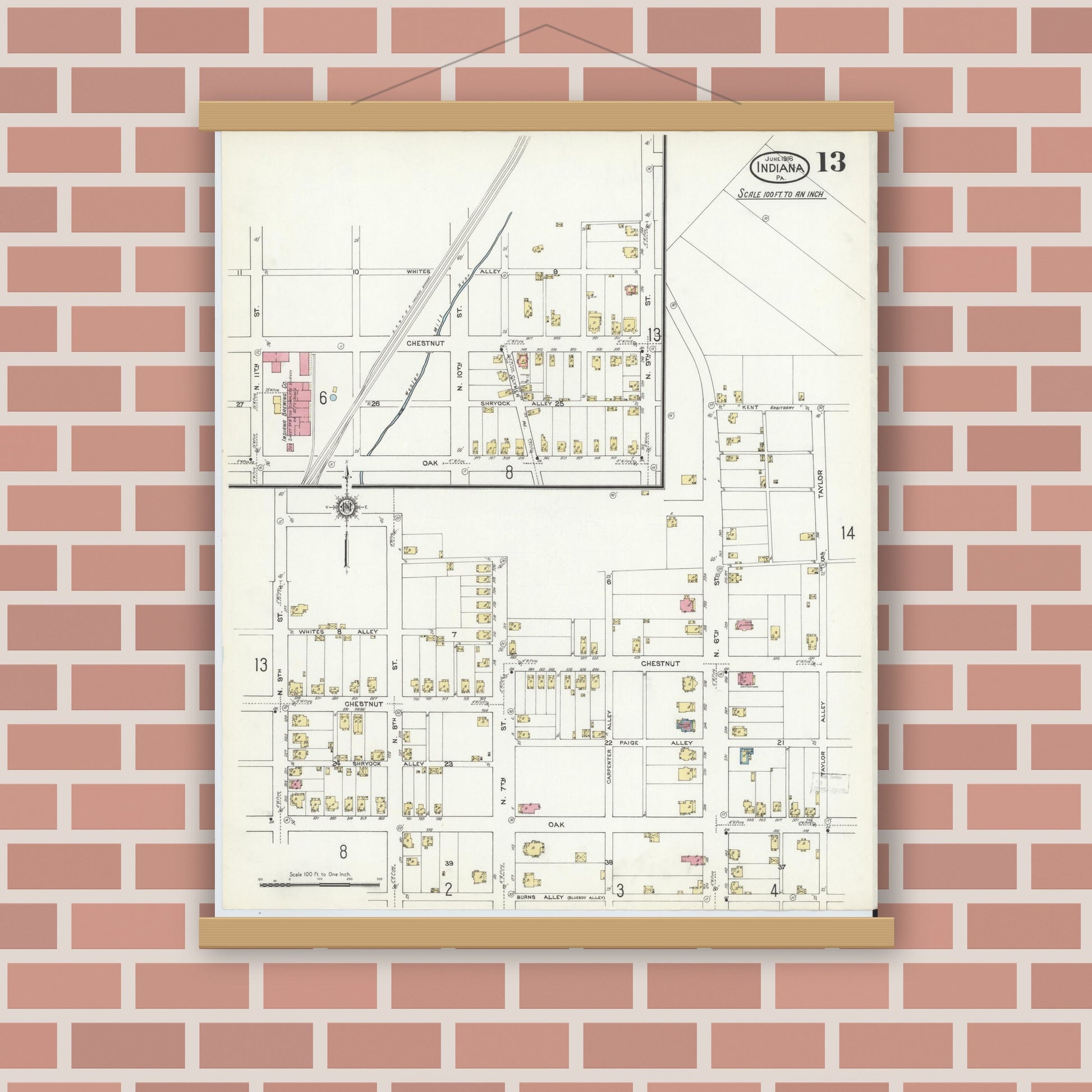 Old map wall art mockup — magnetic wood frame on brick wall — Sanborn Fire Insurance Map from Indiana, Indiana County, Pennsylvania (1916), Sheet #0013