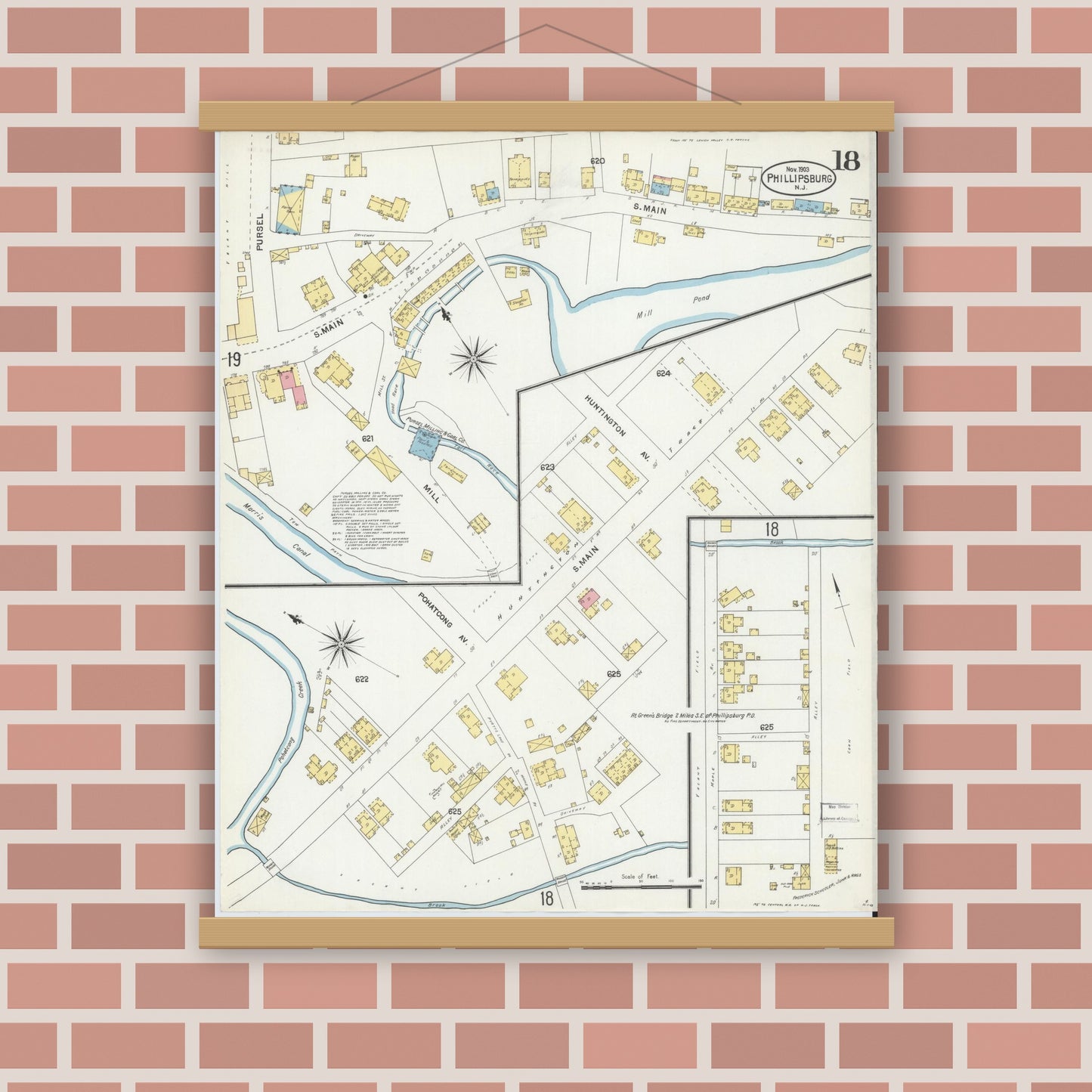 Old map wall art mockup — magnetic wood frame on brick wall — Sanborn Fire Insurance Map from Phillipsburg, Warren County, New Jersey (1903), Sheet #0018