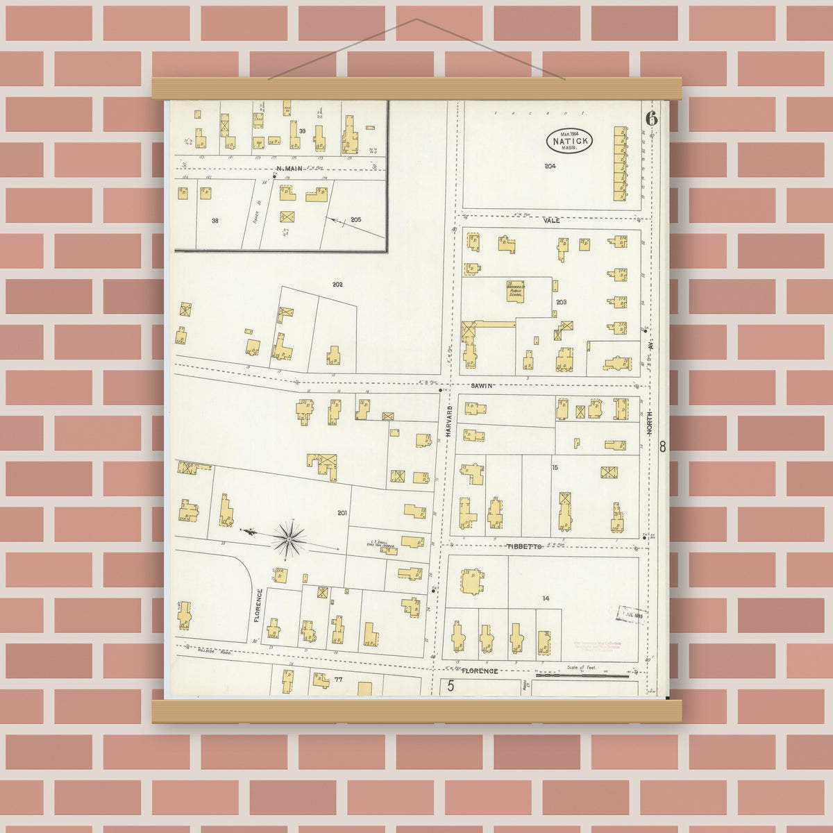Old map wall art mockup — magnetic wood frame on brick wall — Sanborn Fire Insurance Map from Natick, Middlesex County, Massachusetts (1904), Sheet #0006