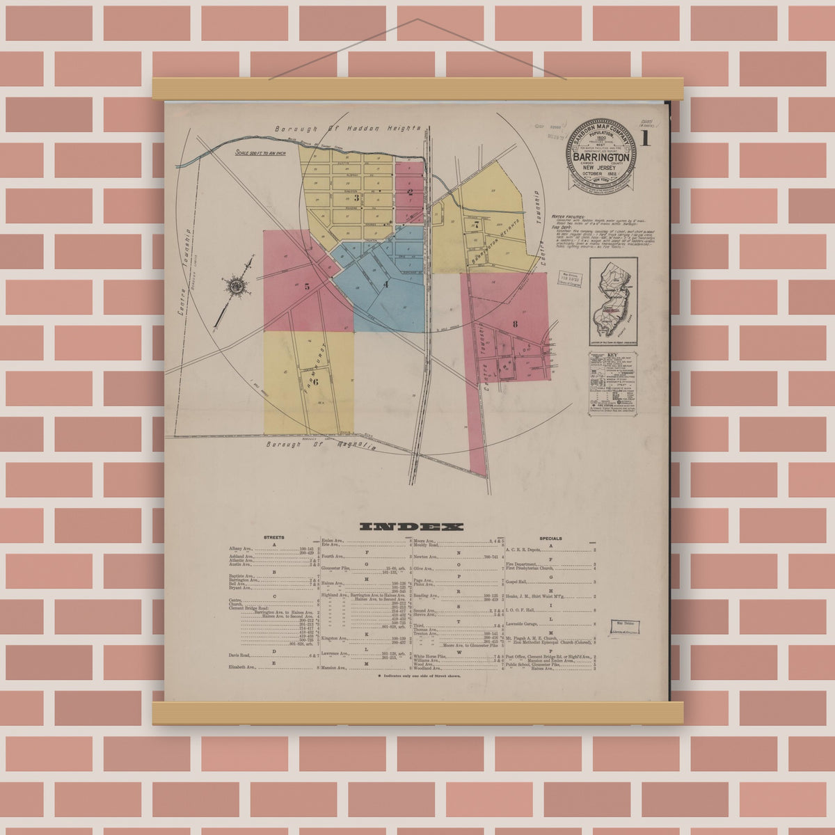 Old map wall art mockup — magnetic wood frame on brick wall — Sanborn Fire Insurance Map from Barrington, Camden County, New Jersey (1922) - Complete Map Set