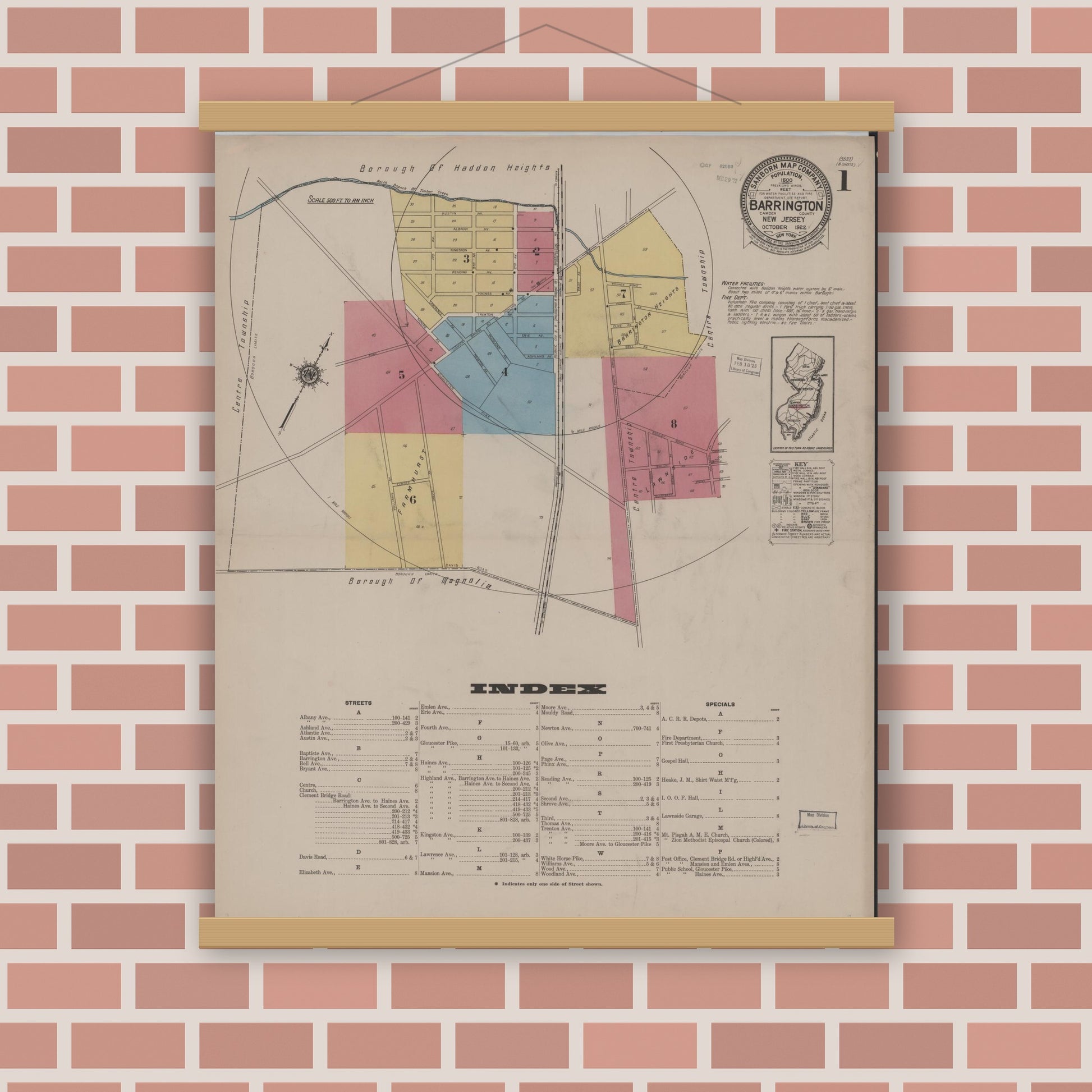 Old map wall art mockup — magnetic wood frame on brick wall — Sanborn Fire Insurance Map from Barrington, Camden County, New Jersey (1922) - Complete Map Set