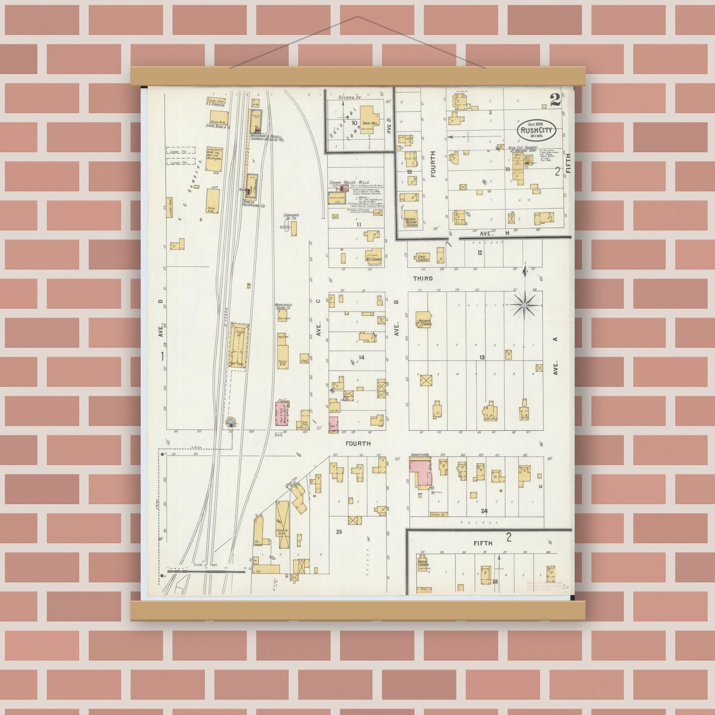 Old map wall art mockup — magnetic wood frame on brick wall — Sanborn Fire Insurance Map from Rush City, Chisago County, Minnesota (1899), Sheet #0002
