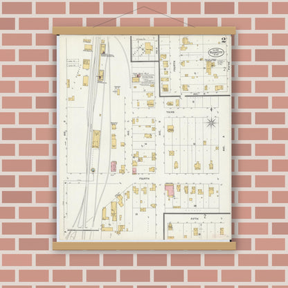 Old map wall art mockup — magnetic wood frame on brick wall — Sanborn Fire Insurance Map from Rush City, Chisago County, Minnesota (1899), Sheet #0002