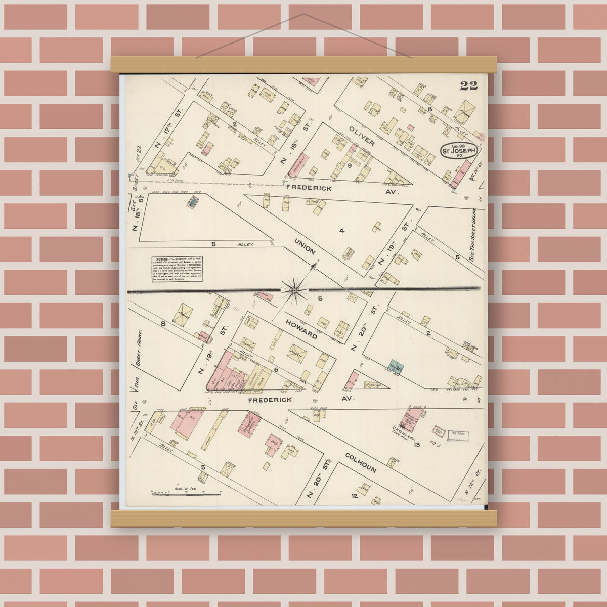 Old map wall art mockup — magnetic wood frame on brick wall — Sanborn Fire Insurance Map from Saint Joseph, Buchanan County, Missouri (1883), Sheet #0022