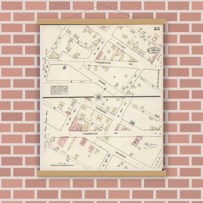 Old map wall art mockup — magnetic wood frame on brick wall — Sanborn Fire Insurance Map from Saint Joseph, Buchanan County, Missouri (1883), Sheet #0022