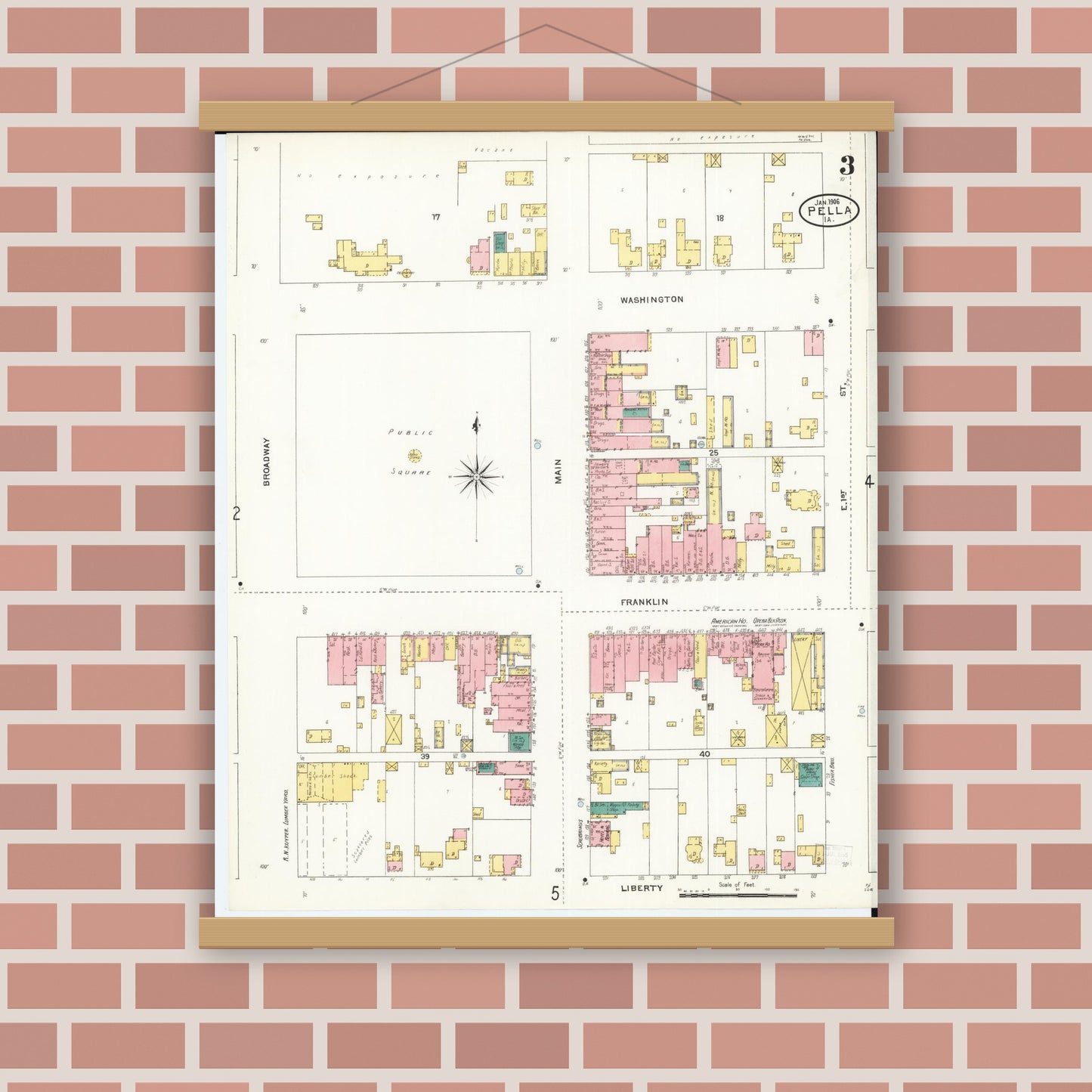 Old map wall art mockup — magnetic wood frame on brick wall — Sanborn Fire Insurance Map from Pella, Marion County, Iowa (1906), Sheet #0003