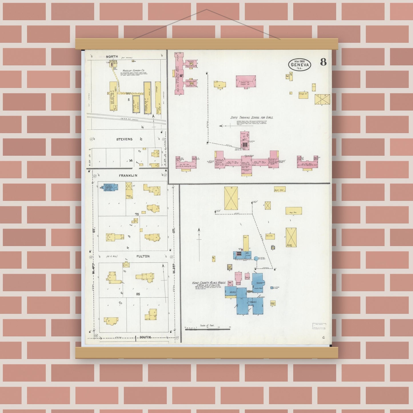 Old map wall art mockup — magnetic wood frame on brick wall — Sanborn Fire Insurance Map from Geneva, Kane County, Illinois (1905), Sheet #0008