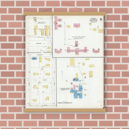 Old map wall art mockup — magnetic wood frame on brick wall — Sanborn Fire Insurance Map from Geneva, Kane County, Illinois (1905), Sheet #0008