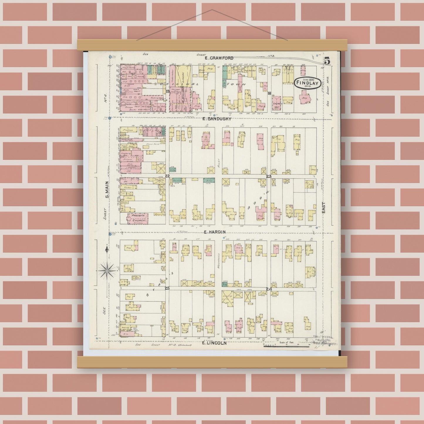 Old map wall art mockup — magnetic wood frame on brick wall — Sanborn Fire Insurance Map from Findlay, Hancock County, Ohio (1890), Sheet #0005