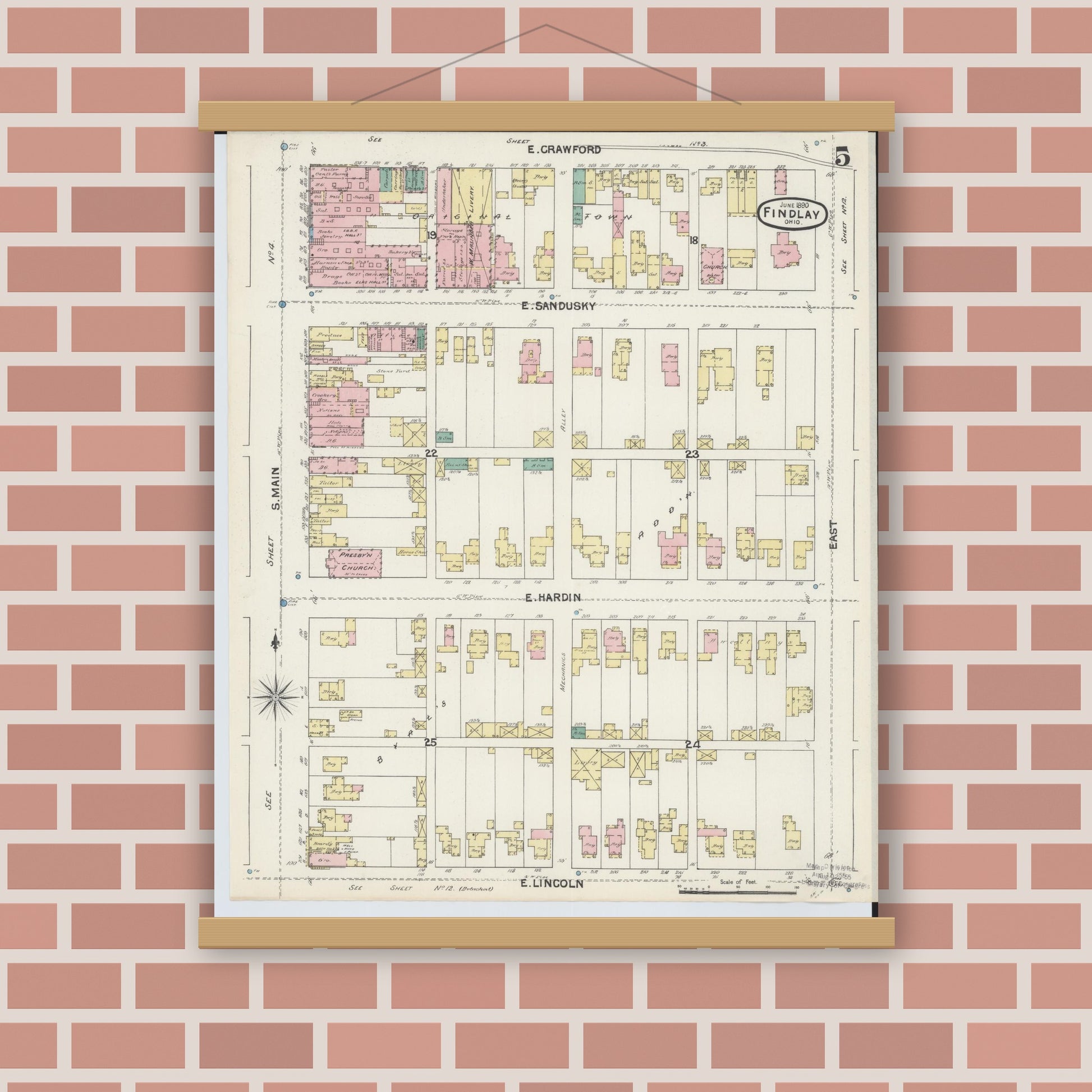 Old map wall art mockup — magnetic wood frame on brick wall — Sanborn Fire Insurance Map from Findlay, Hancock County, Ohio (1890), Sheet #0005