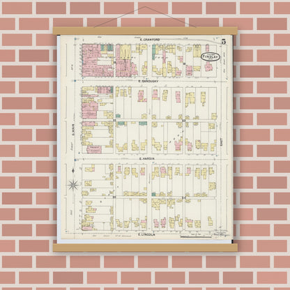 Old map wall art mockup — magnetic wood frame on brick wall — Sanborn Fire Insurance Map from Findlay, Hancock County, Ohio (1890), Sheet #0005