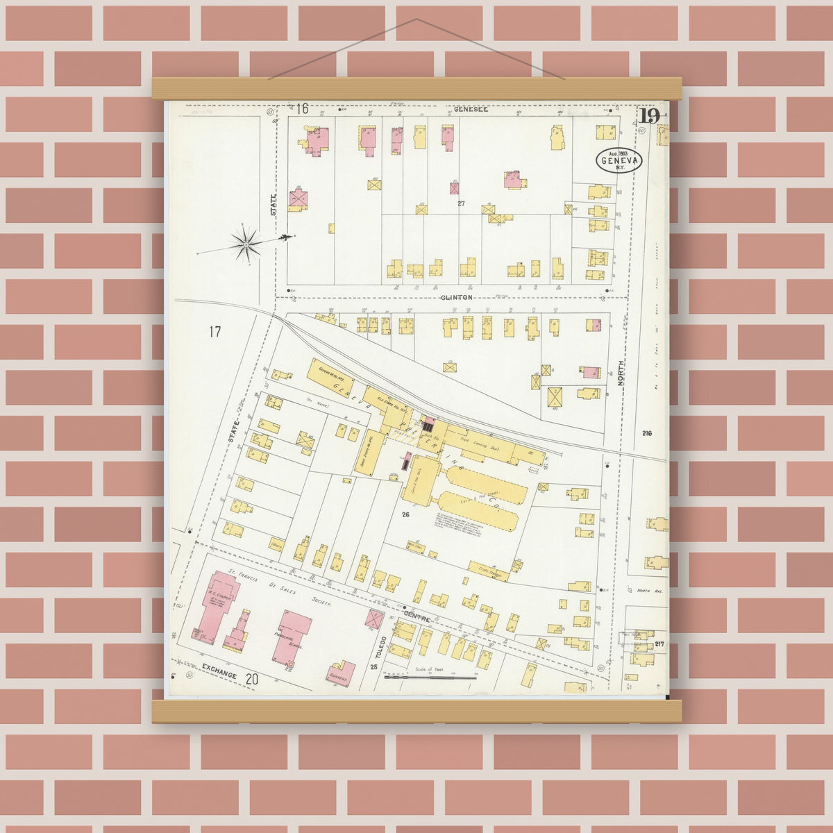 Old map wall art mockup — magnetic wood frame on brick wall — Sanborn Fire Insurance Map from Geneva, Ontario County, New York (1903), Sheet #0019