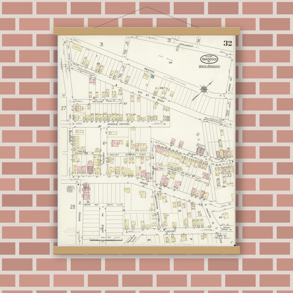 Old map wall art mockup — magnetic wood frame on brick wall — Sanborn Fire Insurance Map from Braddock, Allegheny County, Pennsylvania (1914), Sheet #0032