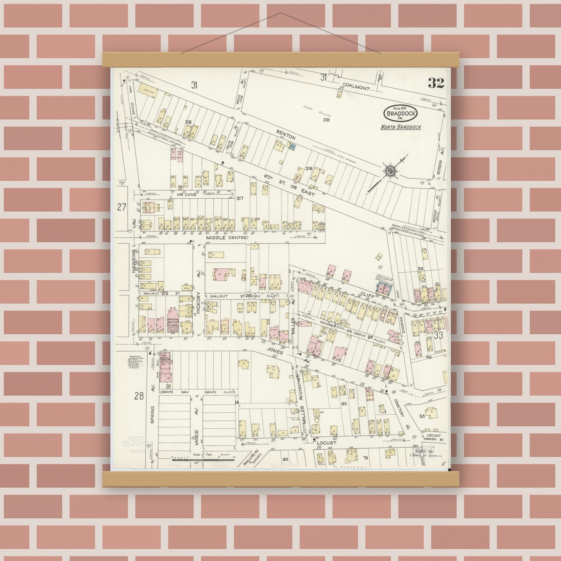 Old map wall art mockup — magnetic wood frame on brick wall — Sanborn Fire Insurance Map from Braddock, Allegheny County, Pennsylvania (1914), Sheet #0032
