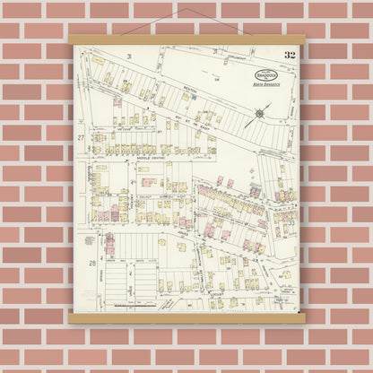 Old map wall art mockup — magnetic wood frame on brick wall — Sanborn Fire Insurance Map from Braddock, Allegheny County, Pennsylvania (1914), Sheet #0032