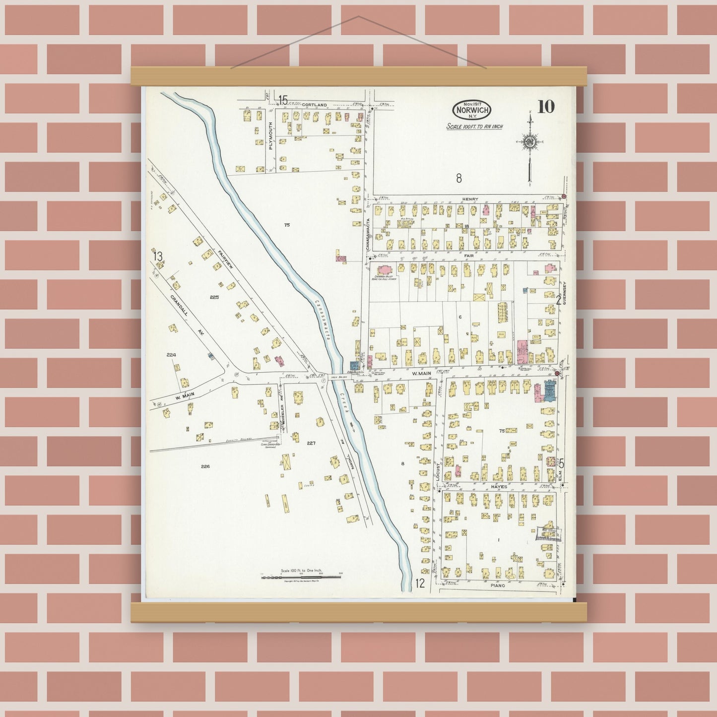 Old map wall art mockup — magnetic wood frame on brick wall — Sanborn Fire Insurance Map from Norwich, Chenango County, New York (1917), Sheet #0010