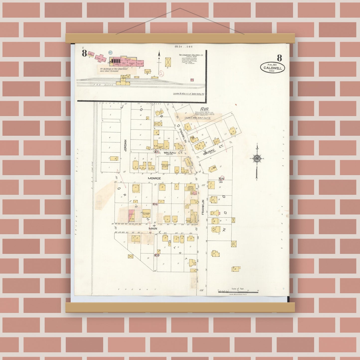 Old map wall art mockup — magnetic wood frame on brick wall — Sanborn Fire Insurance Map from Caldwell, Noble County, Ohio (1932), Sheet #0008
