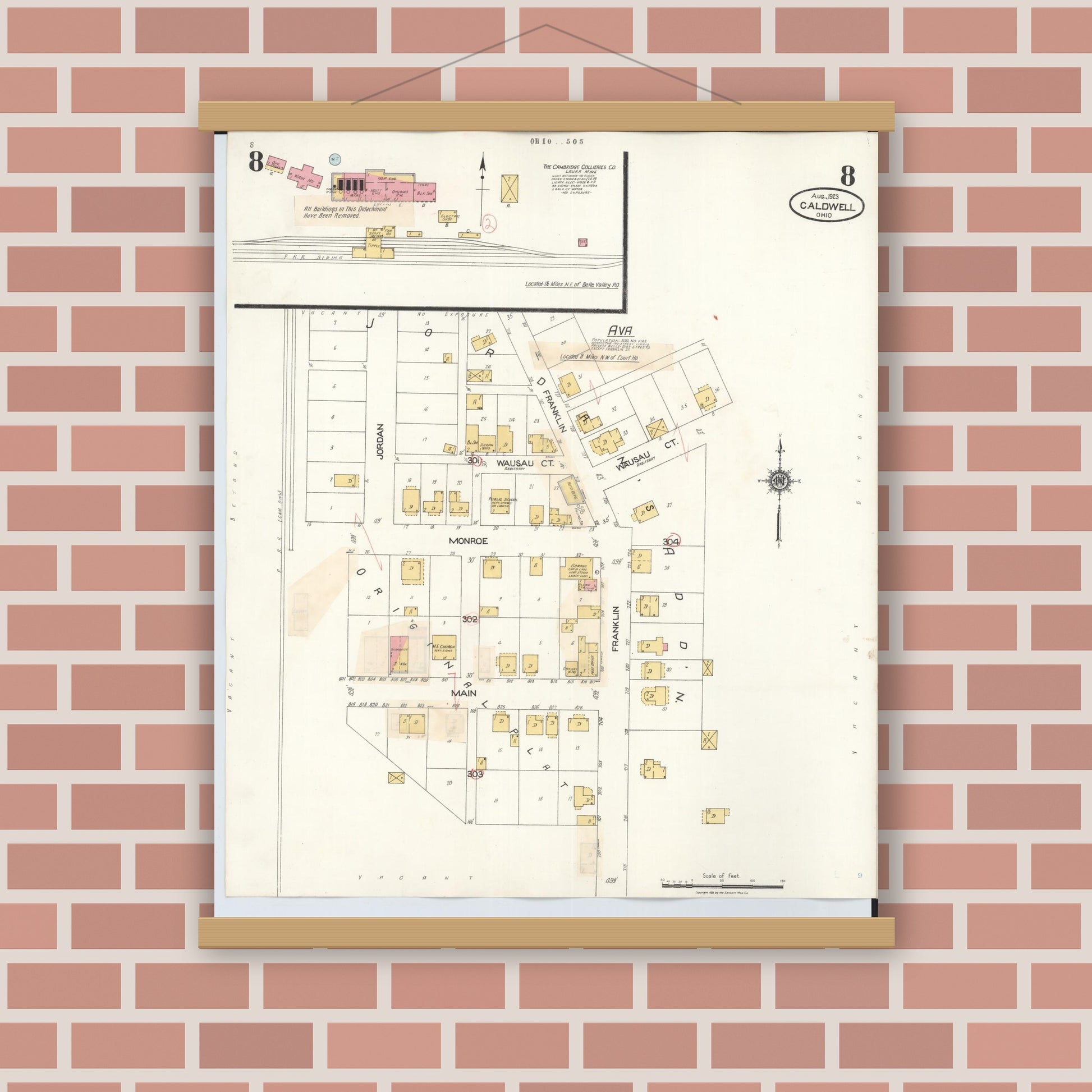 Old map wall art mockup — magnetic wood frame on brick wall — Sanborn Fire Insurance Map from Caldwell, Noble County, Ohio (1932), Sheet #0008