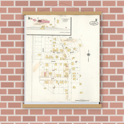 Old map wall art mockup — magnetic wood frame on brick wall — Sanborn Fire Insurance Map from Caldwell, Noble County, Ohio (1932), Sheet #0008