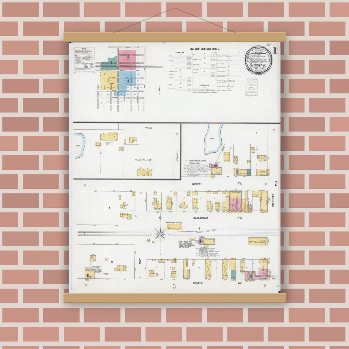 Old map wall art mockup — magnetic wood frame on brick wall — Sanborn Fire Insurance Map from Sumner, Lawrence County, Illinois (1899), Sheet #0001