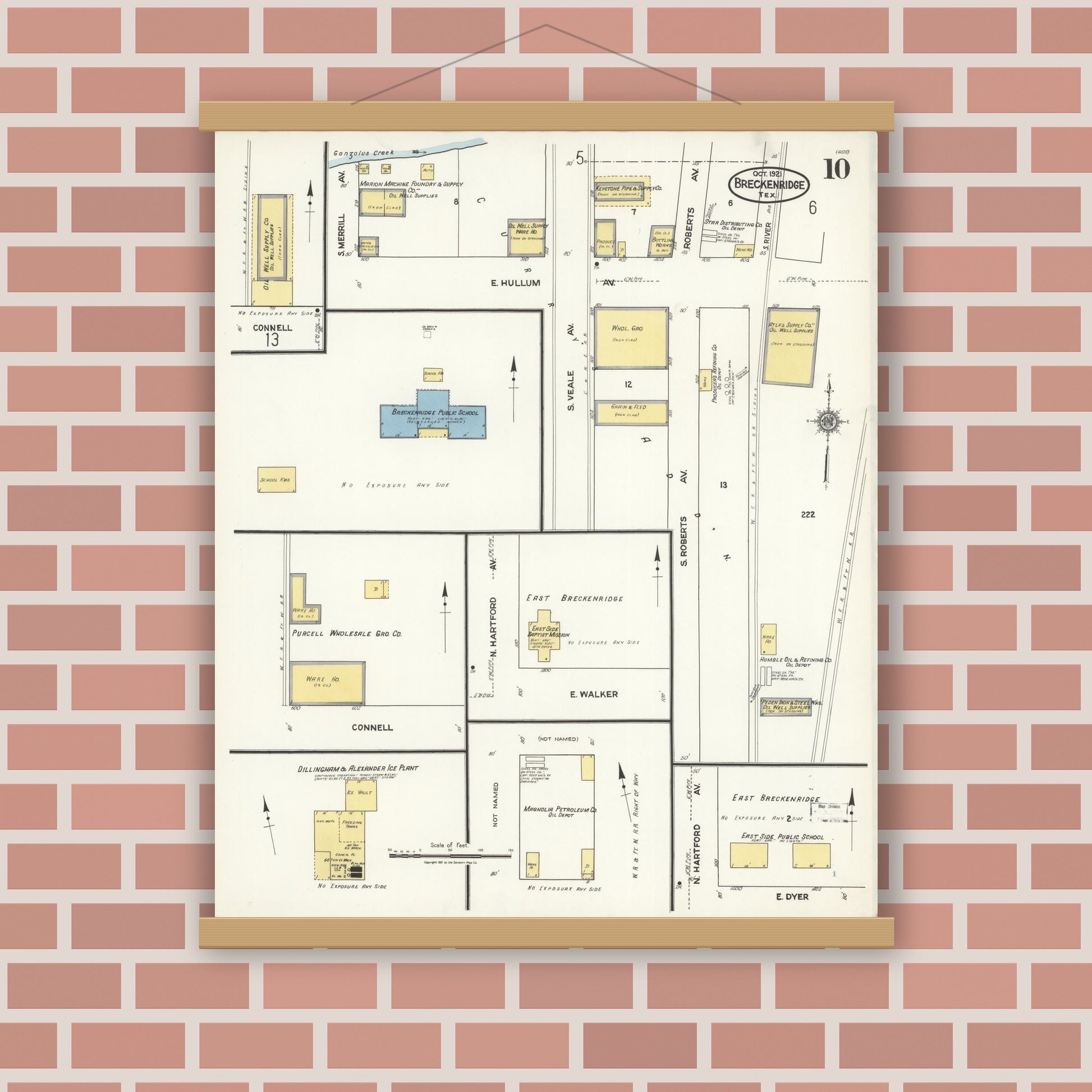 Old map wall art mockup — magnetic wood frame on brick wall — Sanborn Fire Insurance Map from Breckenridge, Stephens County, Texas (1921), Sheet #0010