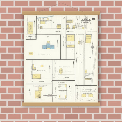 Old map wall art mockup — magnetic wood frame on brick wall — Sanborn Fire Insurance Map from Breckenridge, Stephens County, Texas (1921), Sheet #0010
