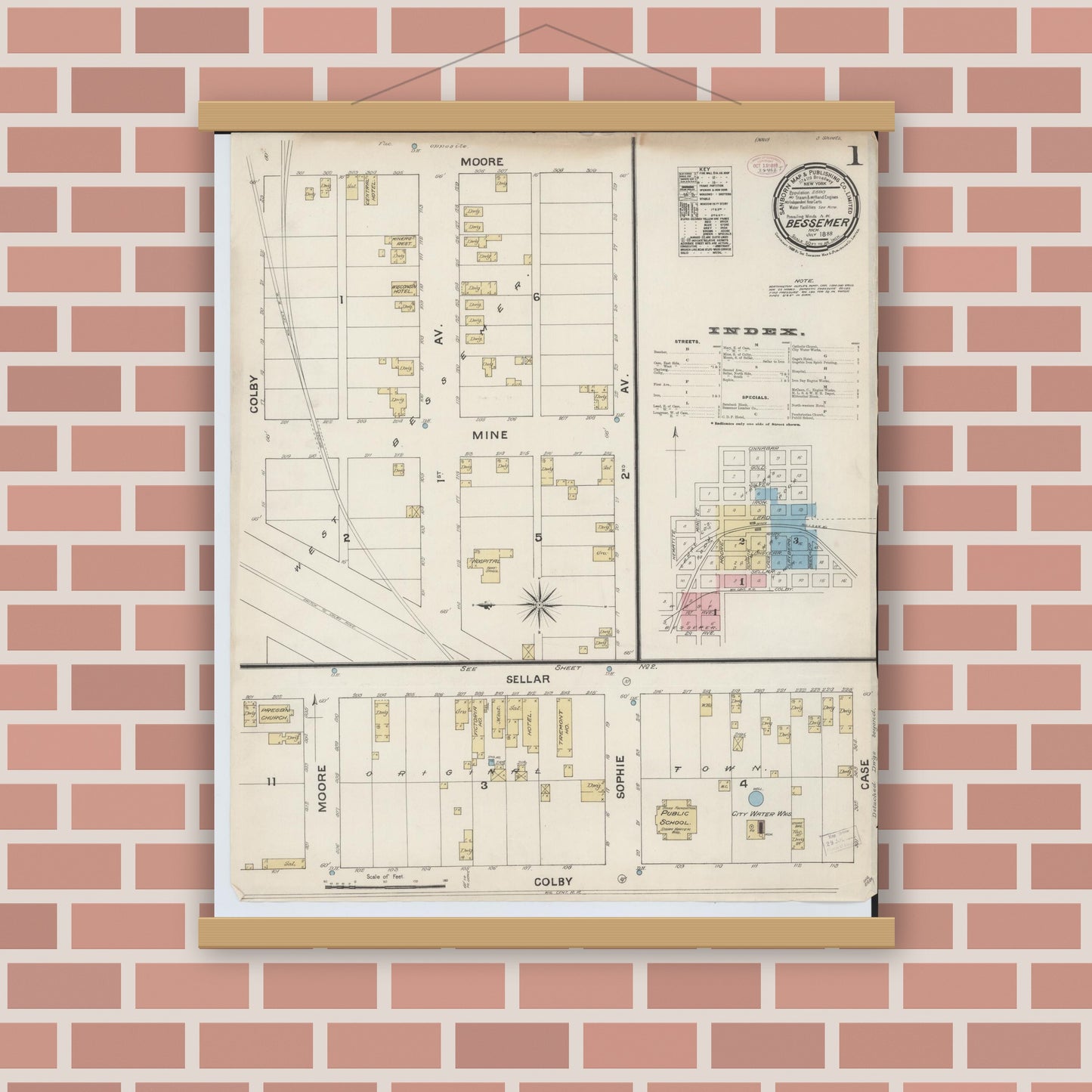 Old map wall art mockup — magnetic wood frame on brick wall — Sanborn Fire Insurance Map from Bessemer, Gogebic County, Michigan (1888) - Complete Map Set