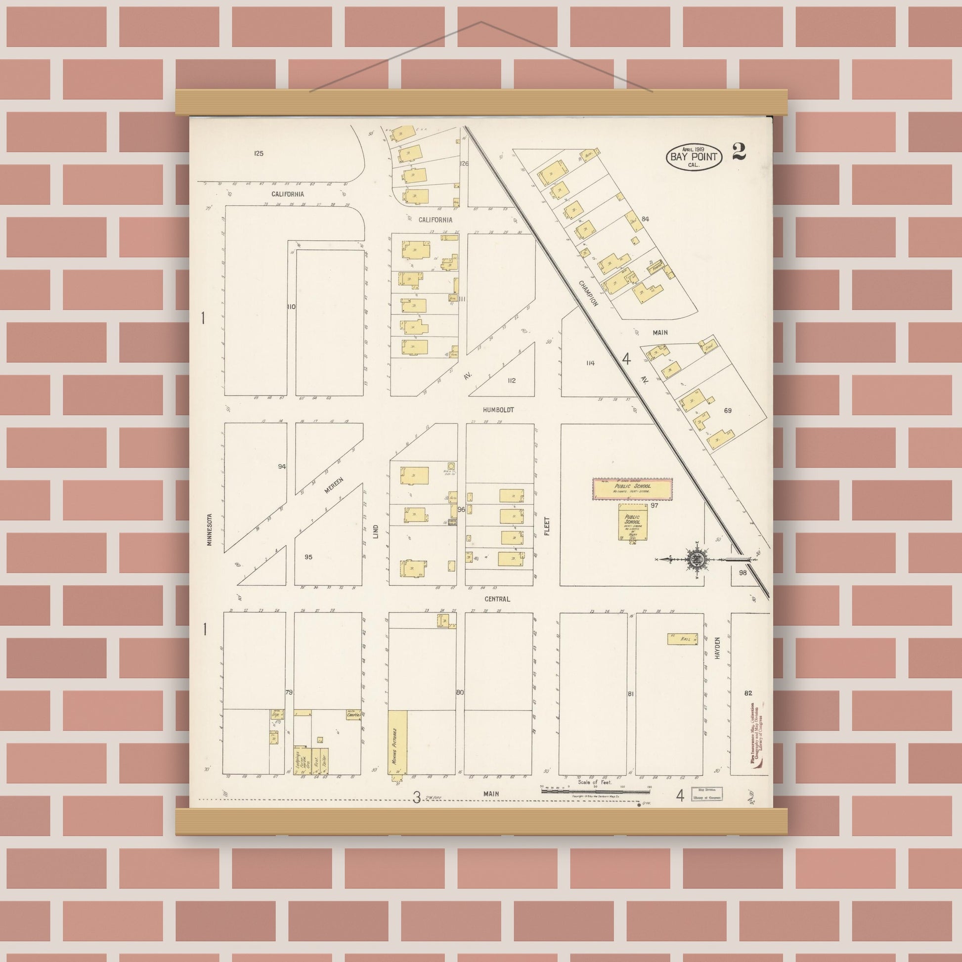 Old map wall art mockup — magnetic wood frame on brick wall — Sanborn Fire Insurance Map from Bay Point, Contra Costa County, California (1919), Sheet #0002