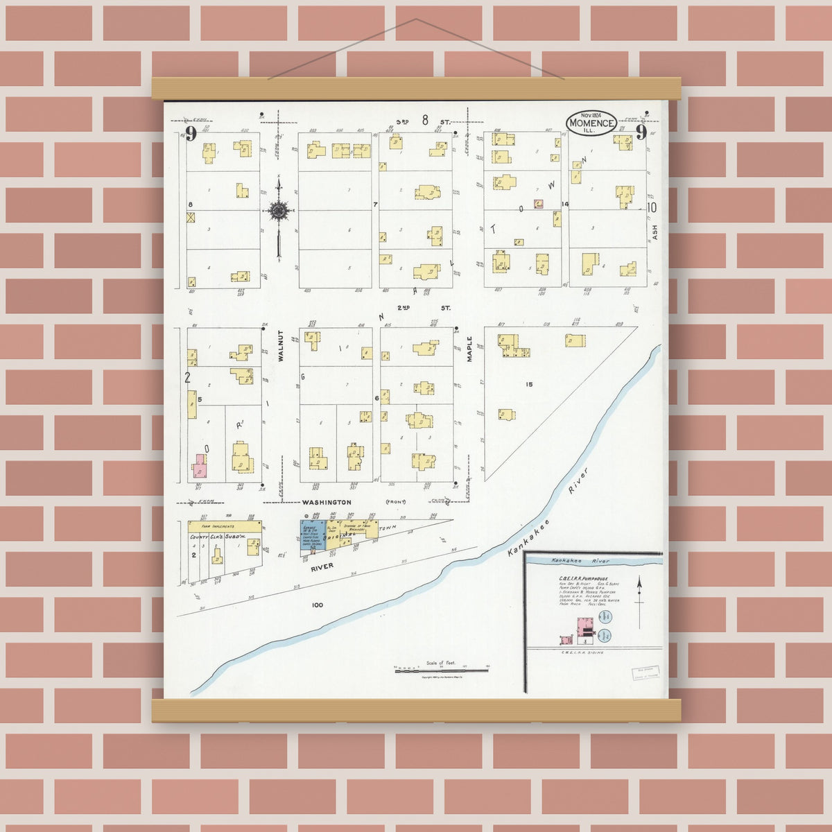 Old map wall art mockup — magnetic wood frame on brick wall — Sanborn Fire Insurance Map from Momence, Kankakee County, Illinois (1924), Sheet #0009