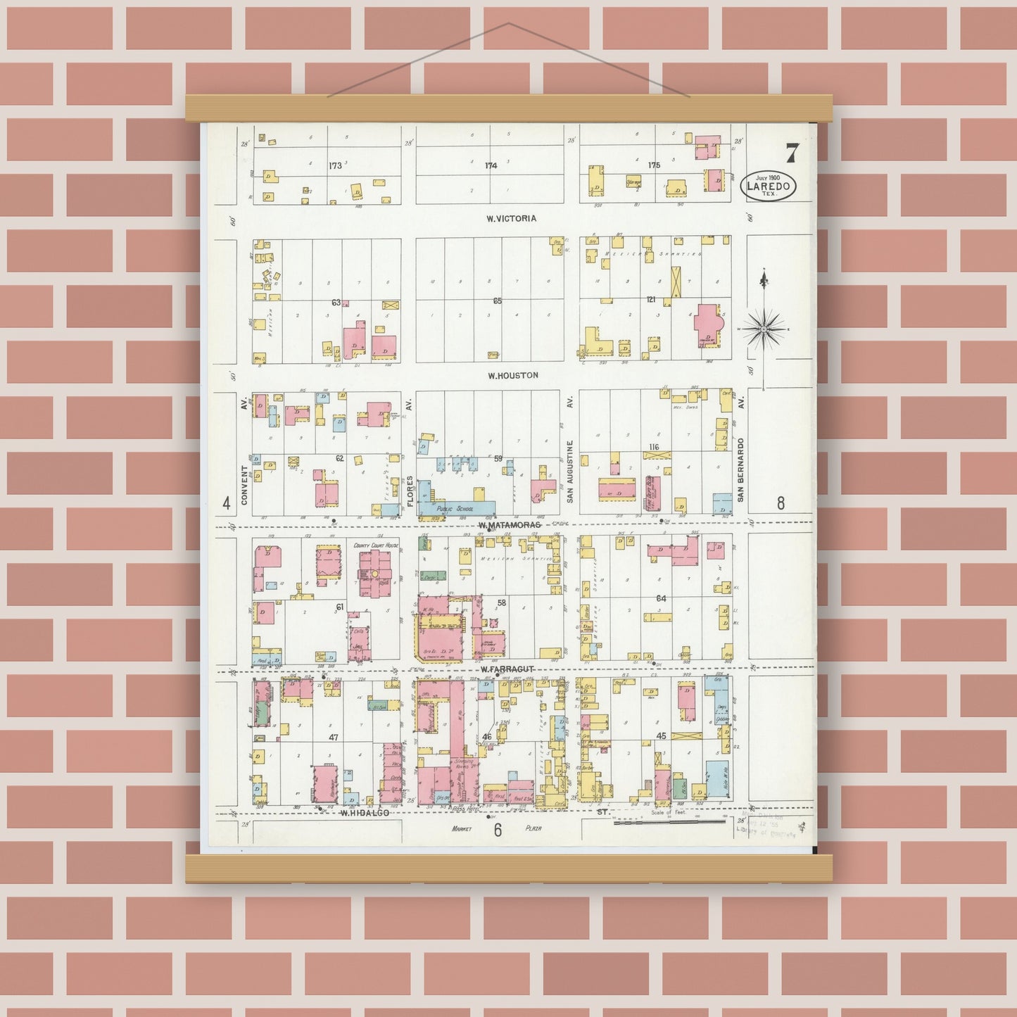 Old map wall art mockup — magnetic wood frame on brick wall — Sanborn Fire Insurance Map from Laredo, Webb County, Texas (1900), Sheet #0007