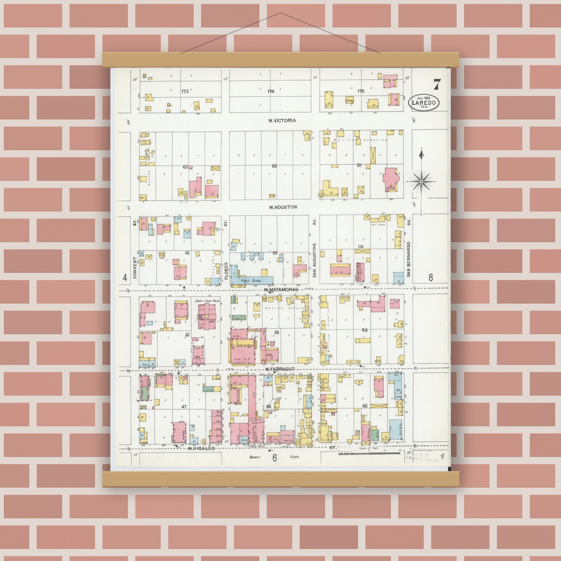 Old map wall art mockup — magnetic wood frame on brick wall — Sanborn Fire Insurance Map from Laredo, Webb County, Texas (1900), Sheet #0007