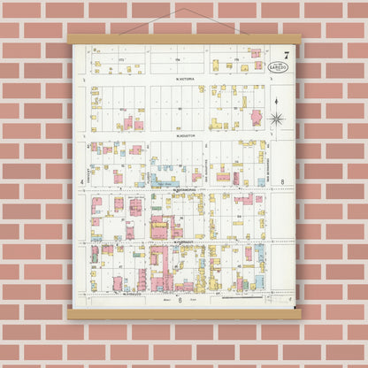 Old map wall art mockup — magnetic wood frame on brick wall — Sanborn Fire Insurance Map from Laredo, Webb County, Texas (1900), Sheet #0007