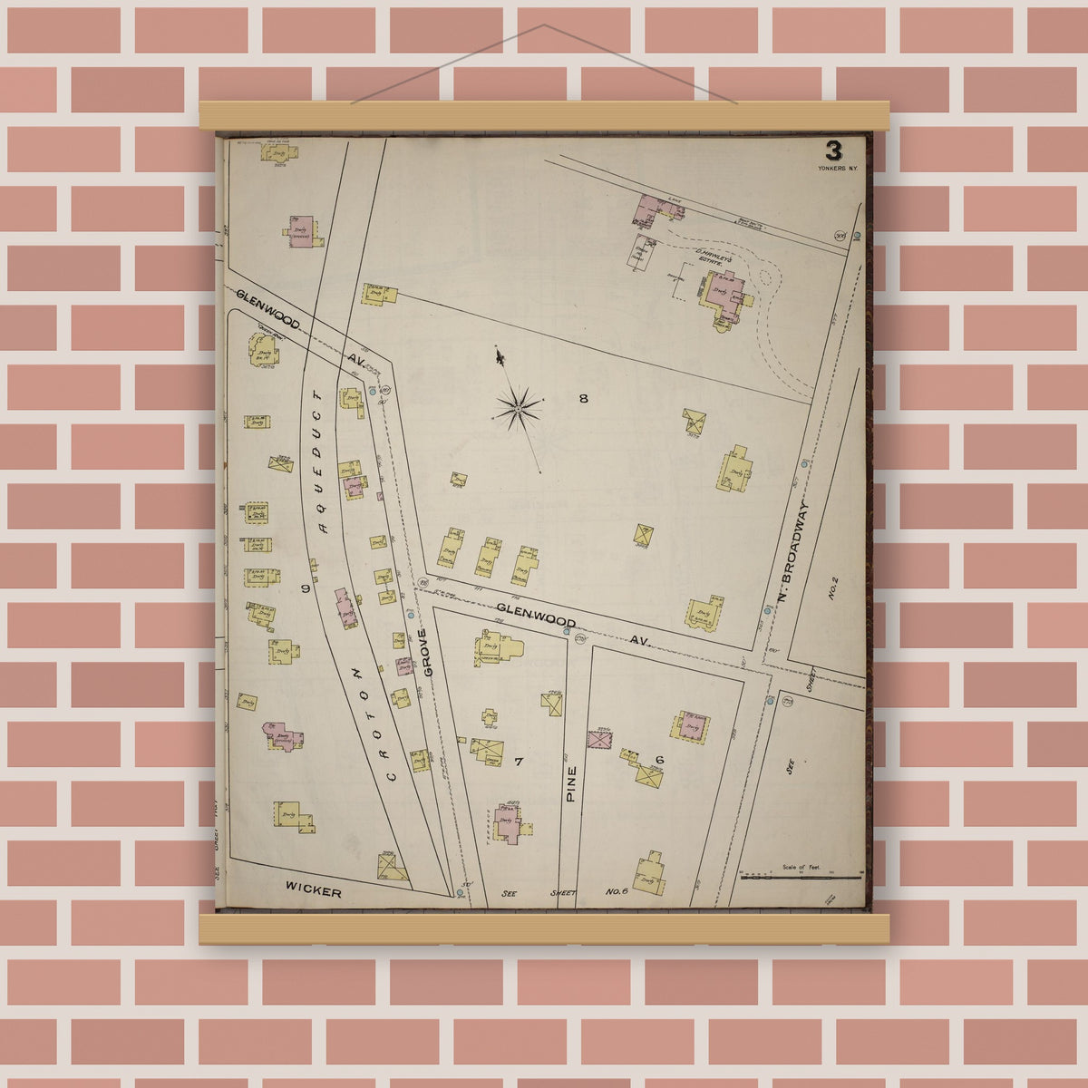 Old map wall art mockup — magnetic wood frame on brick wall — Sanborn Fire Insurance Map from Yonkers, Westchester County, New York (1886), Sheet #0003