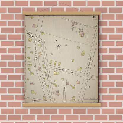 Old map wall art mockup — magnetic wood frame on brick wall — Sanborn Fire Insurance Map from Yonkers, Westchester County, New York (1886), Sheet #0003