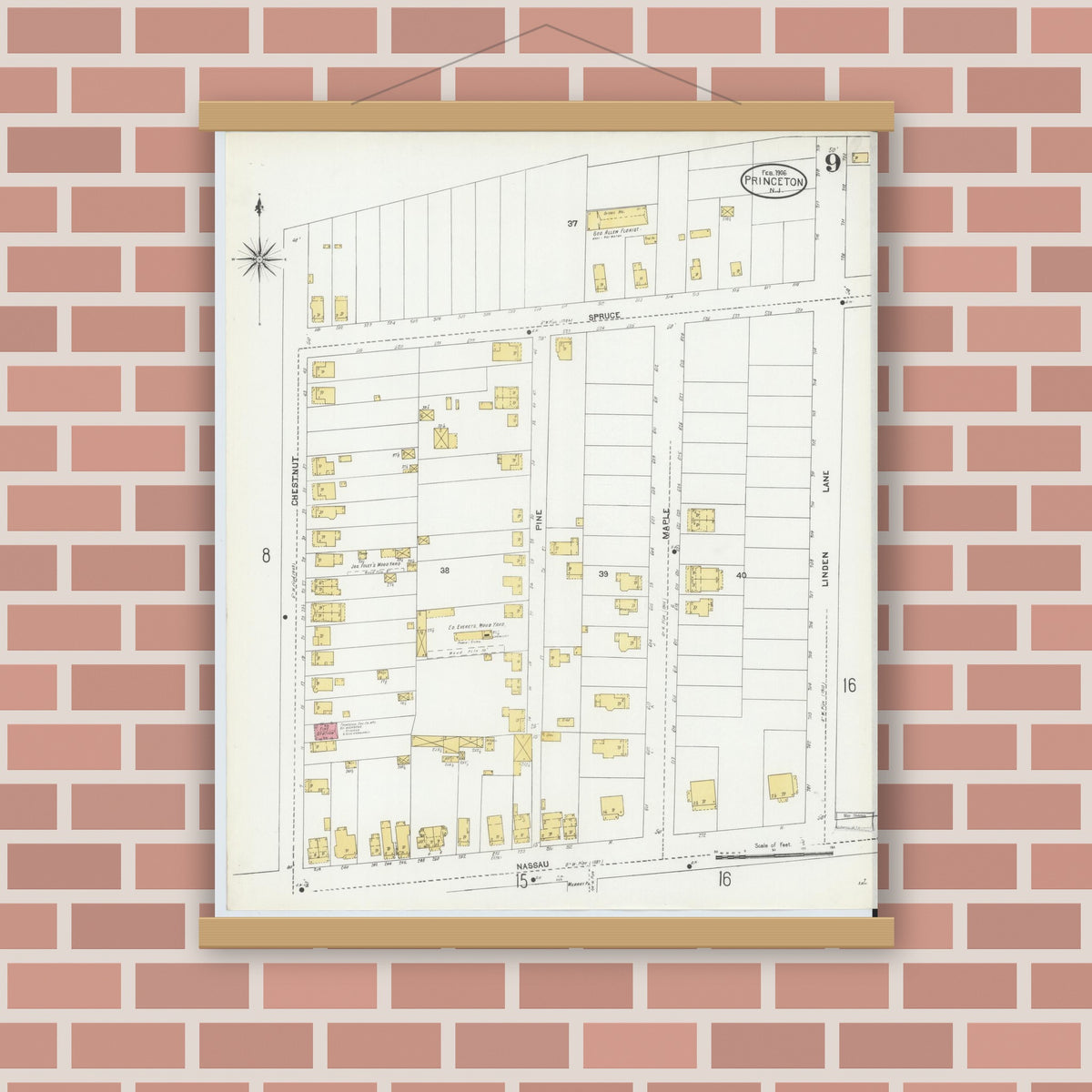 Old map wall art mockup — magnetic wood frame on brick wall — Sanborn Fire Insurance Map from Princeton, Mercer County, New Jersey (1906), Sheet #0009