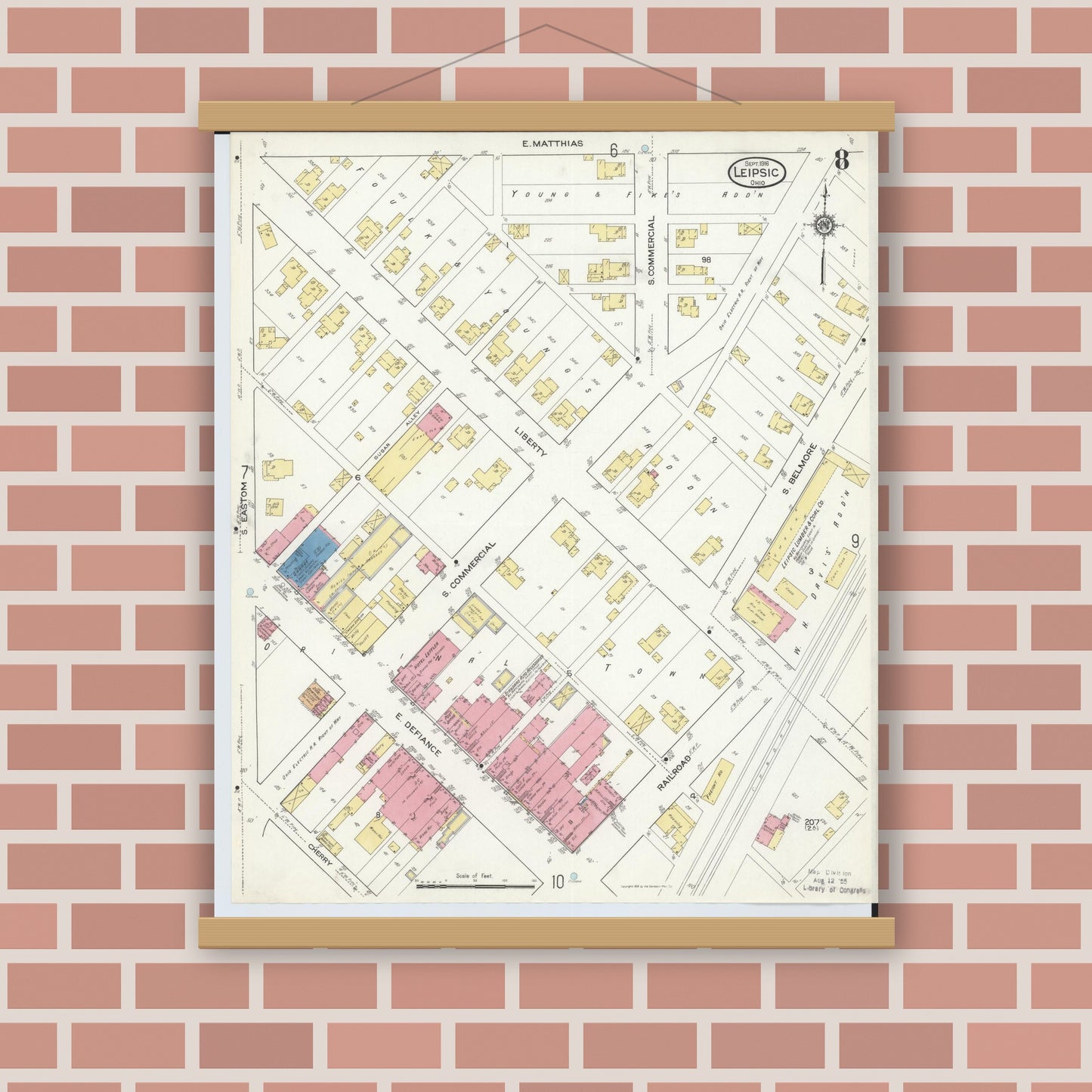 Old map wall art mockup — magnetic wood frame on brick wall — Sanborn Fire Insurance Map from Leipsic, Putnam County, Ohio (1916), Sheet #0008