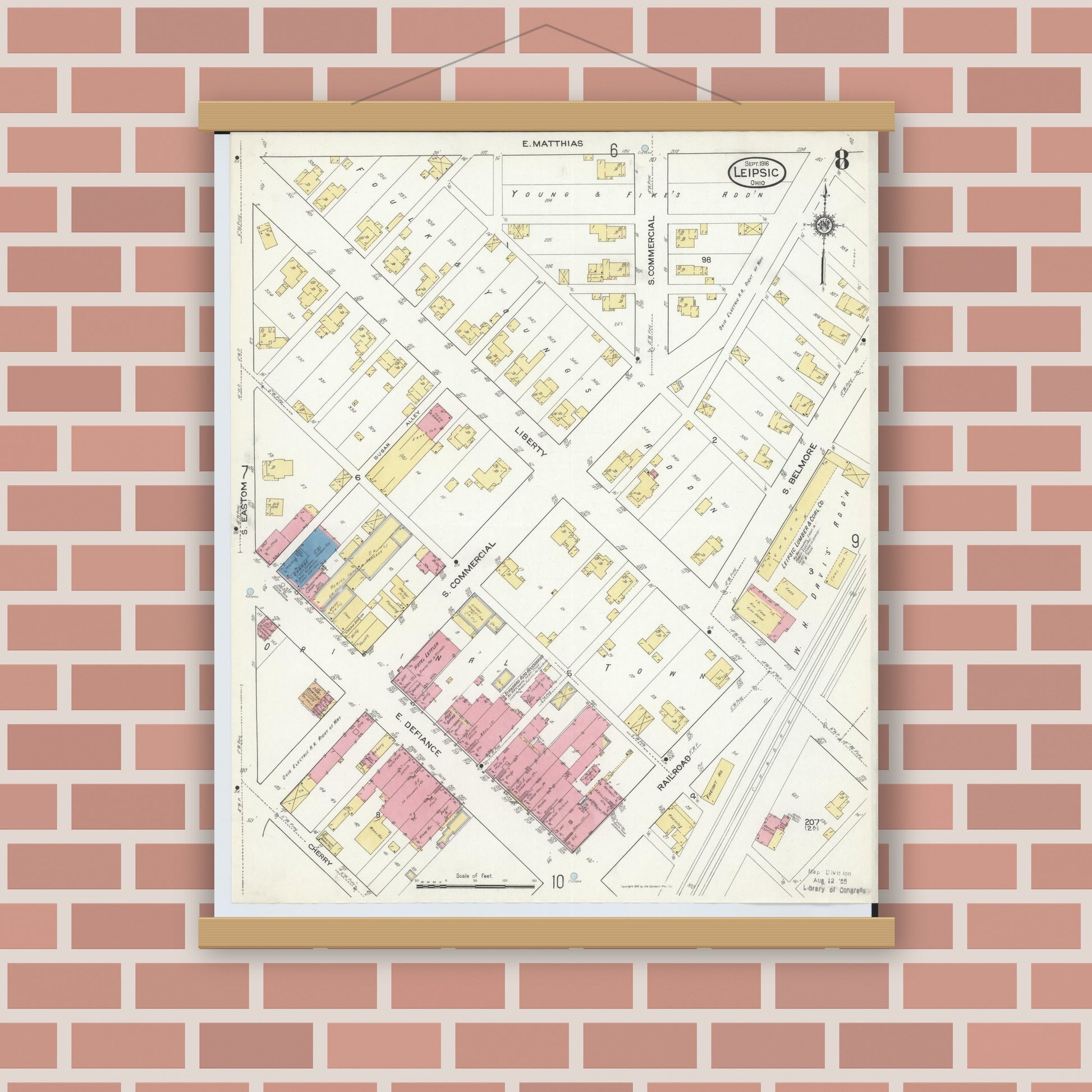 Old map wall art mockup — magnetic wood frame on brick wall — Sanborn Fire Insurance Map from Leipsic, Putnam County, Ohio (1916), Sheet #0008