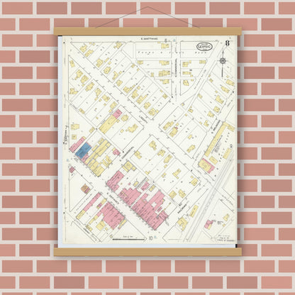 Old map wall art mockup — magnetic wood frame on brick wall — Sanborn Fire Insurance Map from Leipsic, Putnam County, Ohio (1916), Sheet #0008