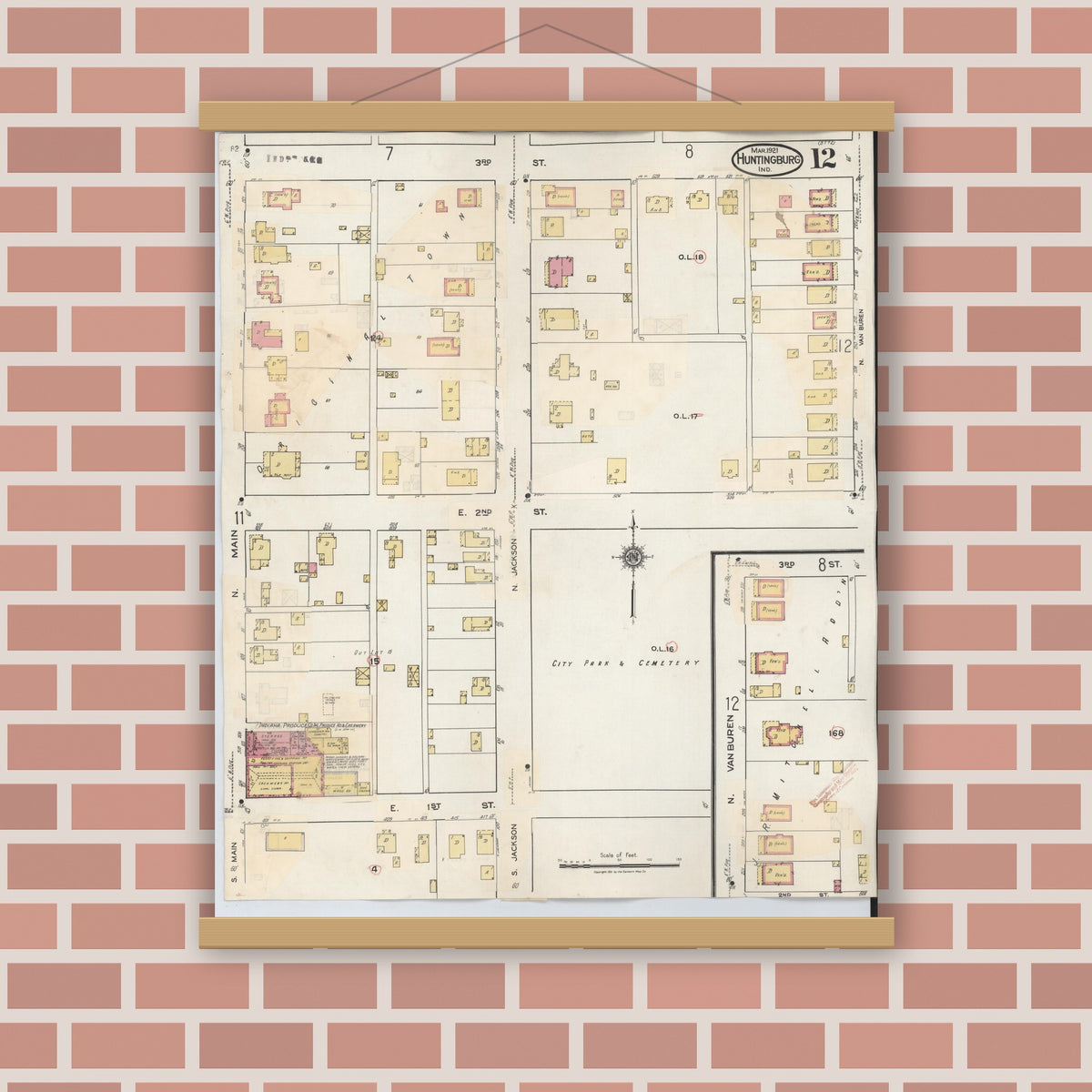 Old map wall art mockup — magnetic wood frame on brick wall — Sanborn Fire Insurance Map from Huntingburg, Dubois County, Indiana (1949), Sheet #0012