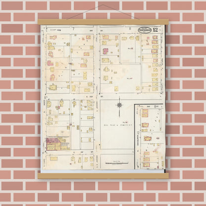 Old map wall art mockup — magnetic wood frame on brick wall — Sanborn Fire Insurance Map from Huntingburg, Dubois County, Indiana (1949), Sheet #0012