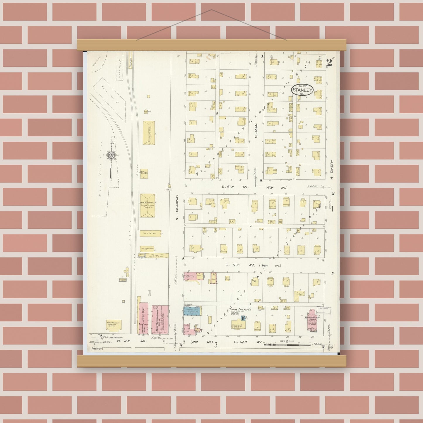 Old map wall art mockup — magnetic wood frame on brick wall — Sanborn Fire Insurance Map from Stanley, Chippewa County, Wisconsin (1912), Sheet #0002