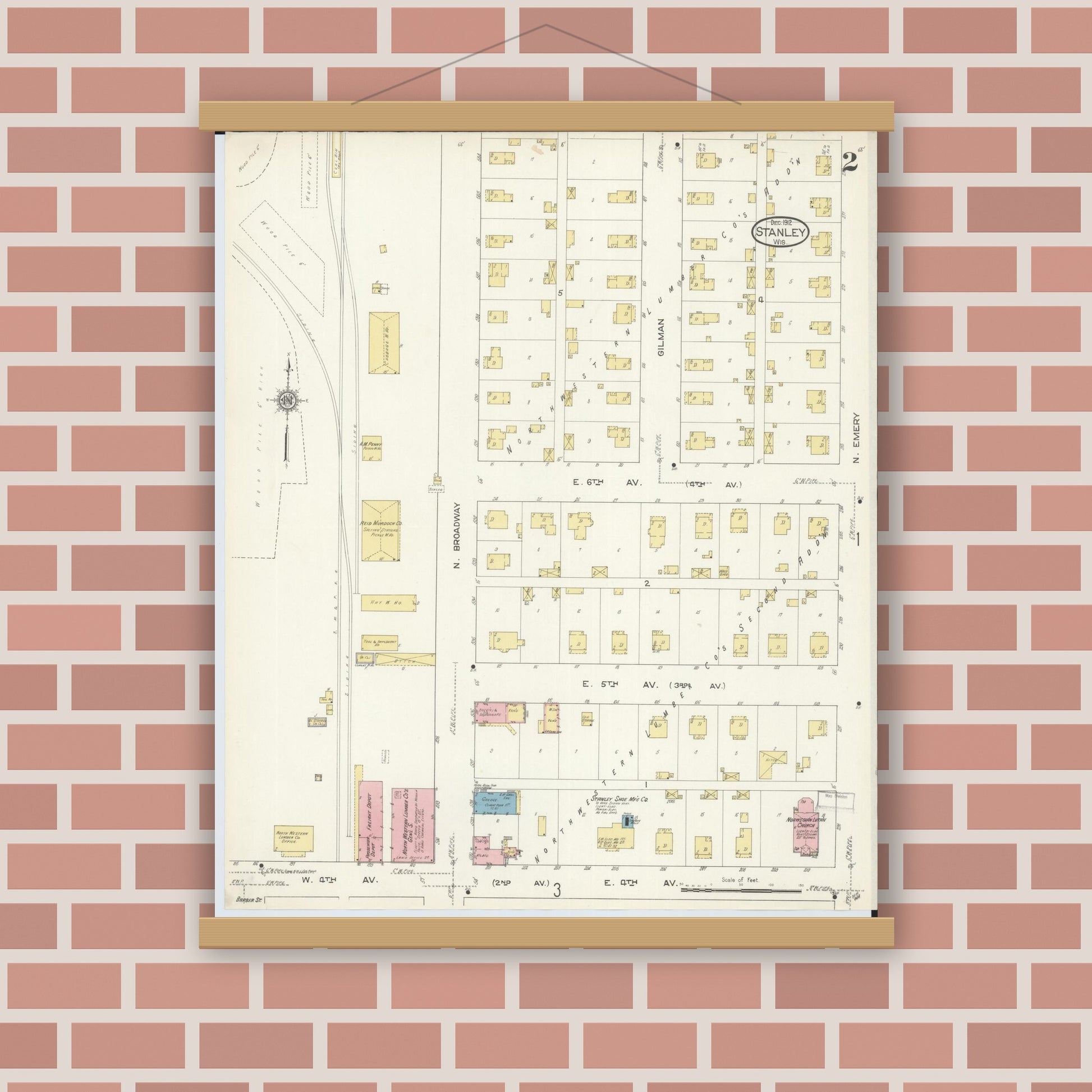 Old map wall art mockup — magnetic wood frame on brick wall — Sanborn Fire Insurance Map from Stanley, Chippewa County, Wisconsin (1912), Sheet #0002
