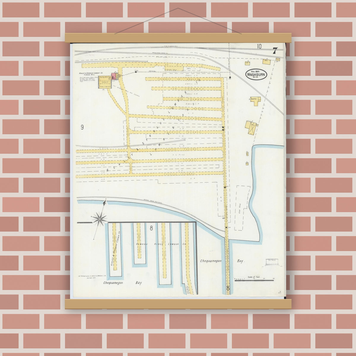 Old map wall art mockup — magnetic wood frame on brick wall — Sanborn Fire Insurance Map from Washburn, Bayfield County, Wisconsin (1904), Sheet #0007