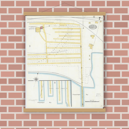 Old map wall art mockup — magnetic wood frame on brick wall — Sanborn Fire Insurance Map from Washburn, Bayfield County, Wisconsin (1904), Sheet #0007