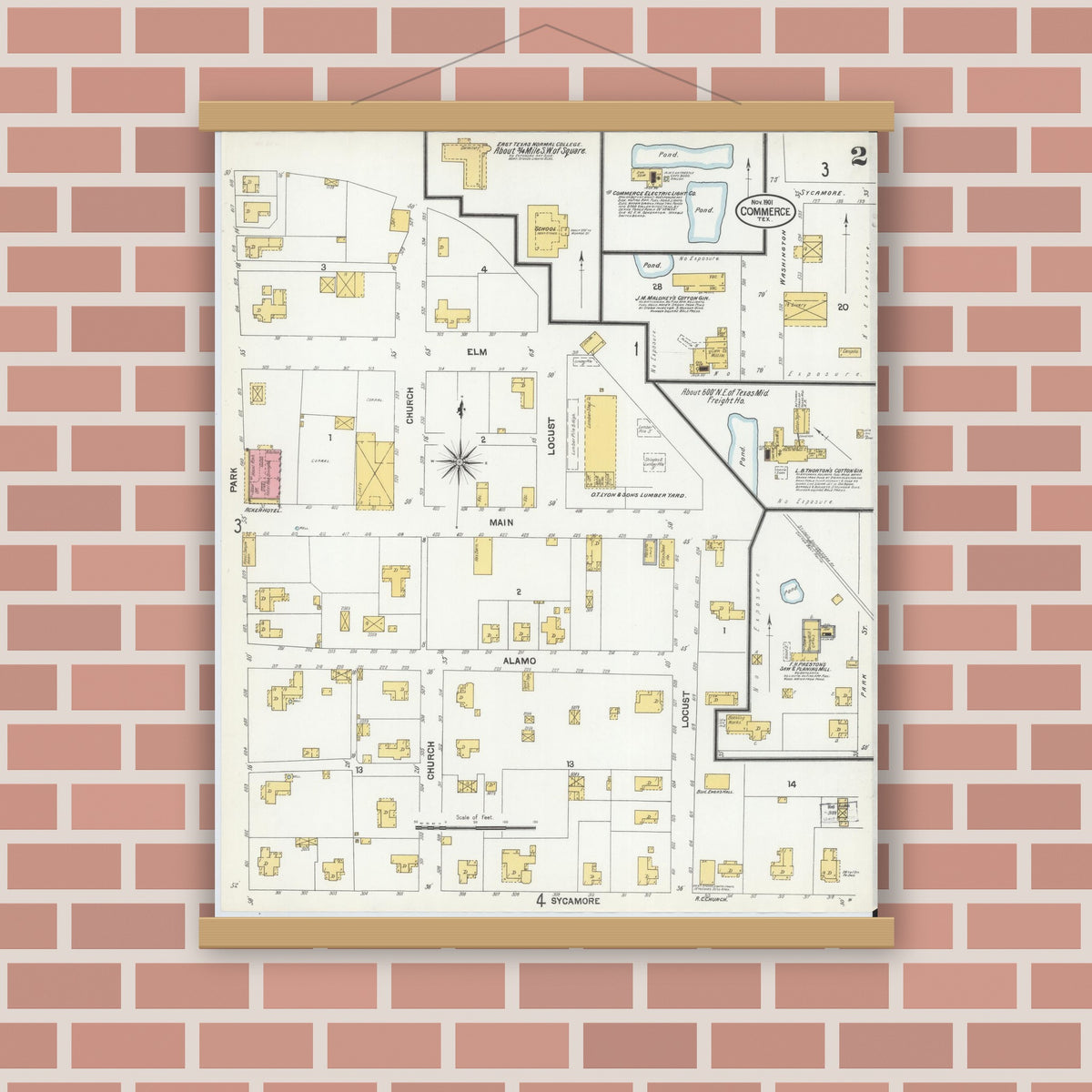 Old map wall art mockup — magnetic wood frame on brick wall — Sanborn Fire Insurance Map from Commerce, Hunt County, Texas (1901), Sheet #0002