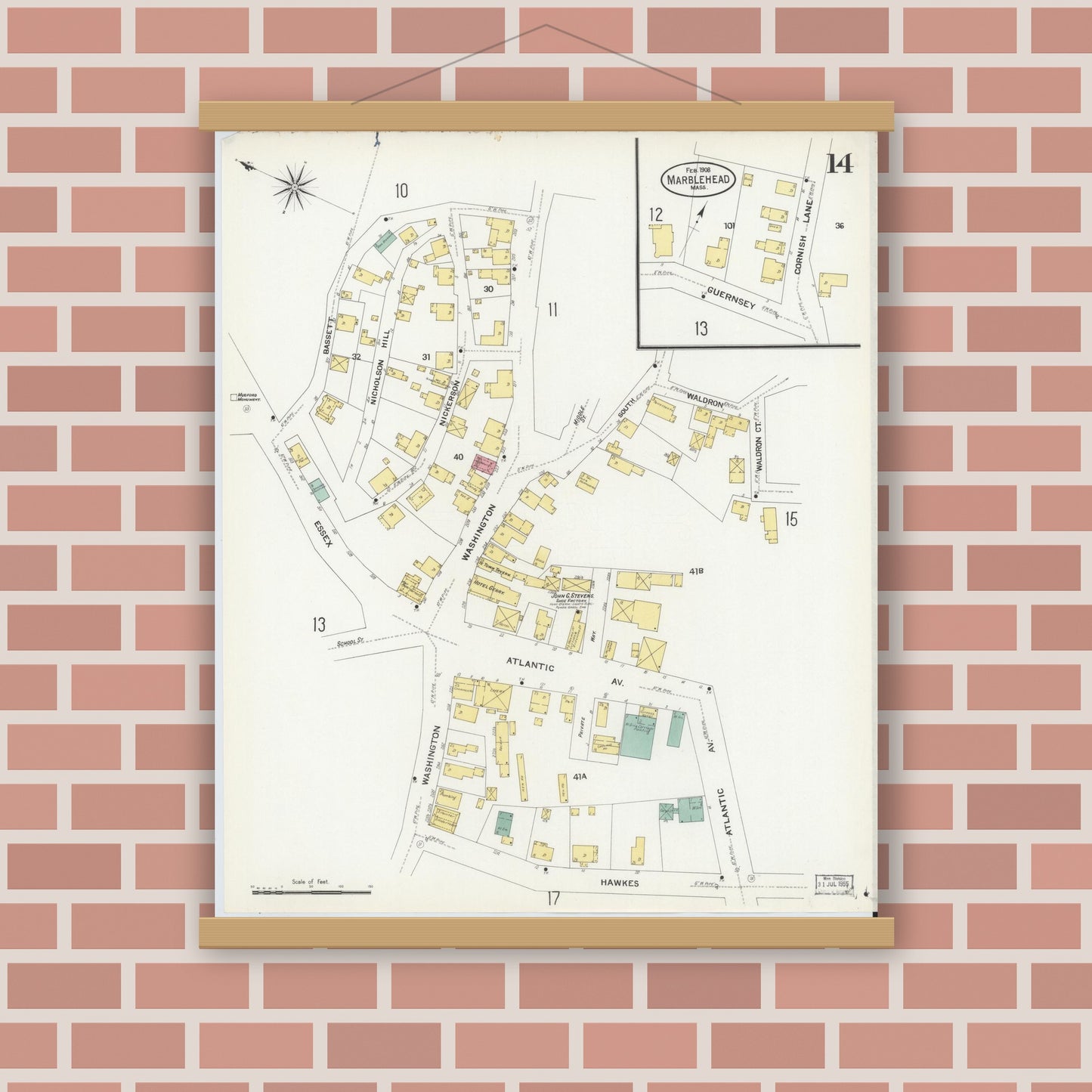 Old map wall art mockup — magnetic wood frame on brick wall — Sanborn Fire Insurance Map from Marblehead, Essex County, Massachusetts (1908), Sheet #0014